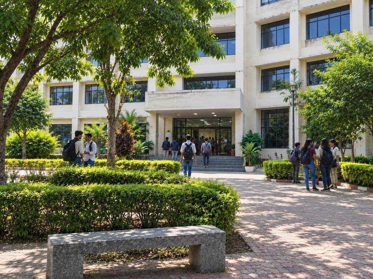 The main academic block and its entrance garden